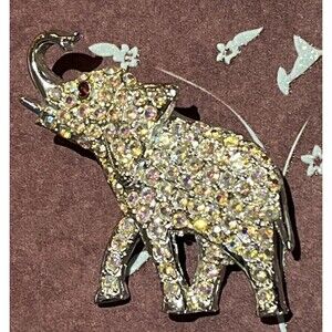 OLEET Vintage Aurora Borealis Rhinestone ELEPHANT BROOCH W/ Faux Garnet Eyes